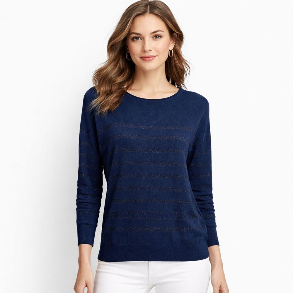 Chico’s Zenergy Navy Lurex Stripe Sweater Top Size 0 Small NWT *